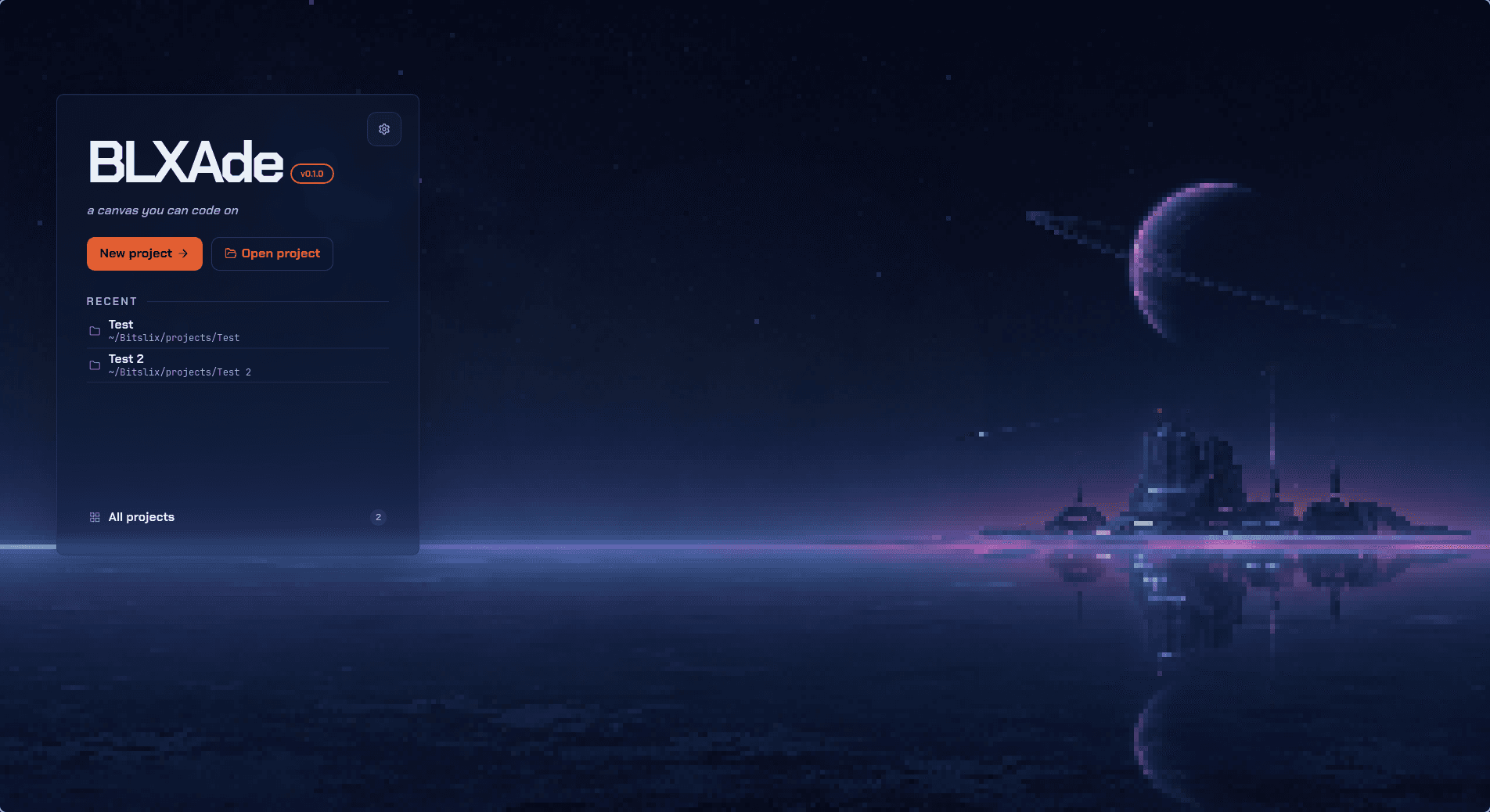 BLXAde welcome screen with actions for creating and opening projects and a list of recent projects